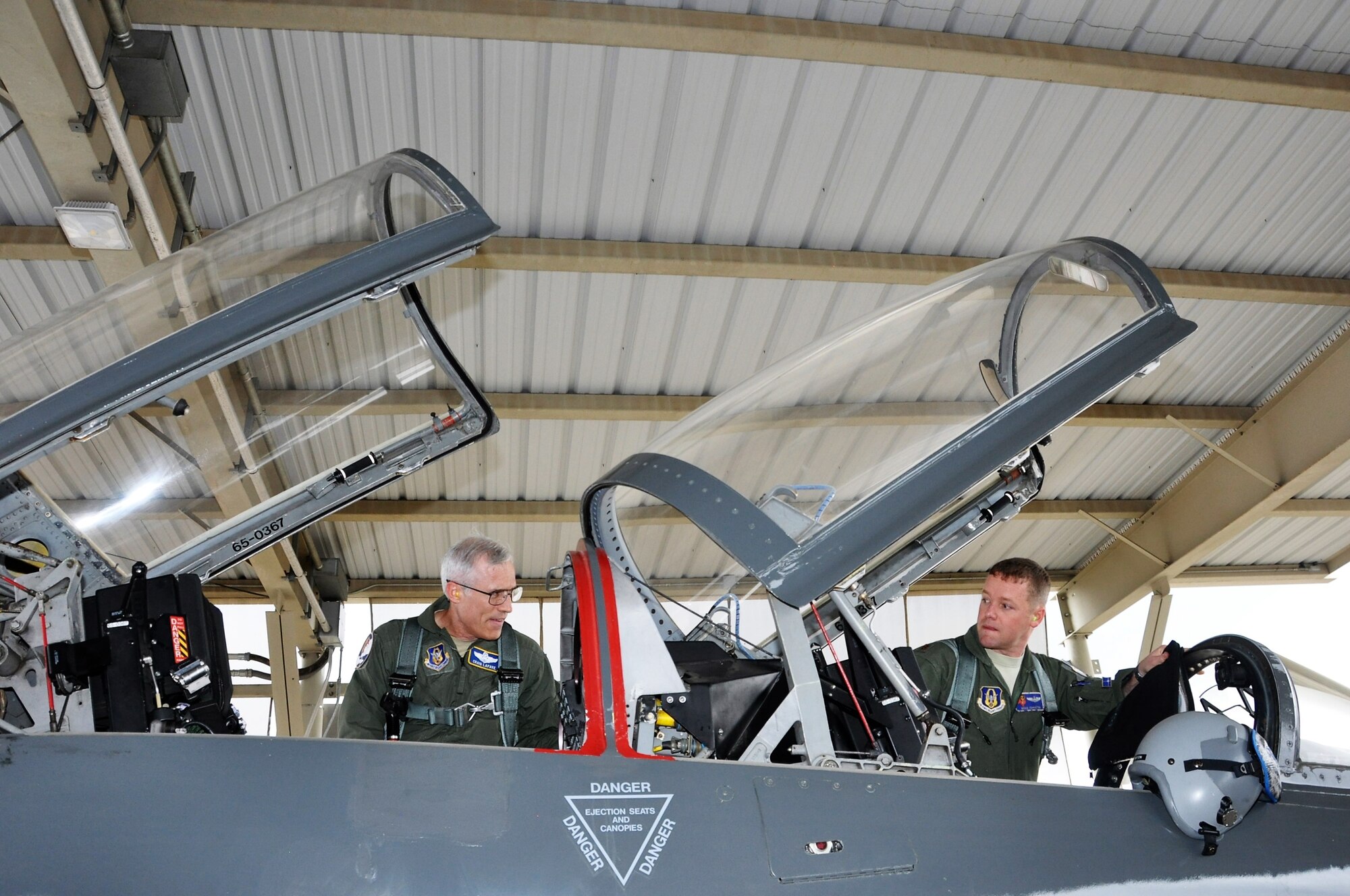 Maj. Gen. Craig LaFave (left) and Maj. Phillip Johnston prepare for a Feb. 20 T-38 training flight. (U.S. Air Force photo by Debbie Gildea)