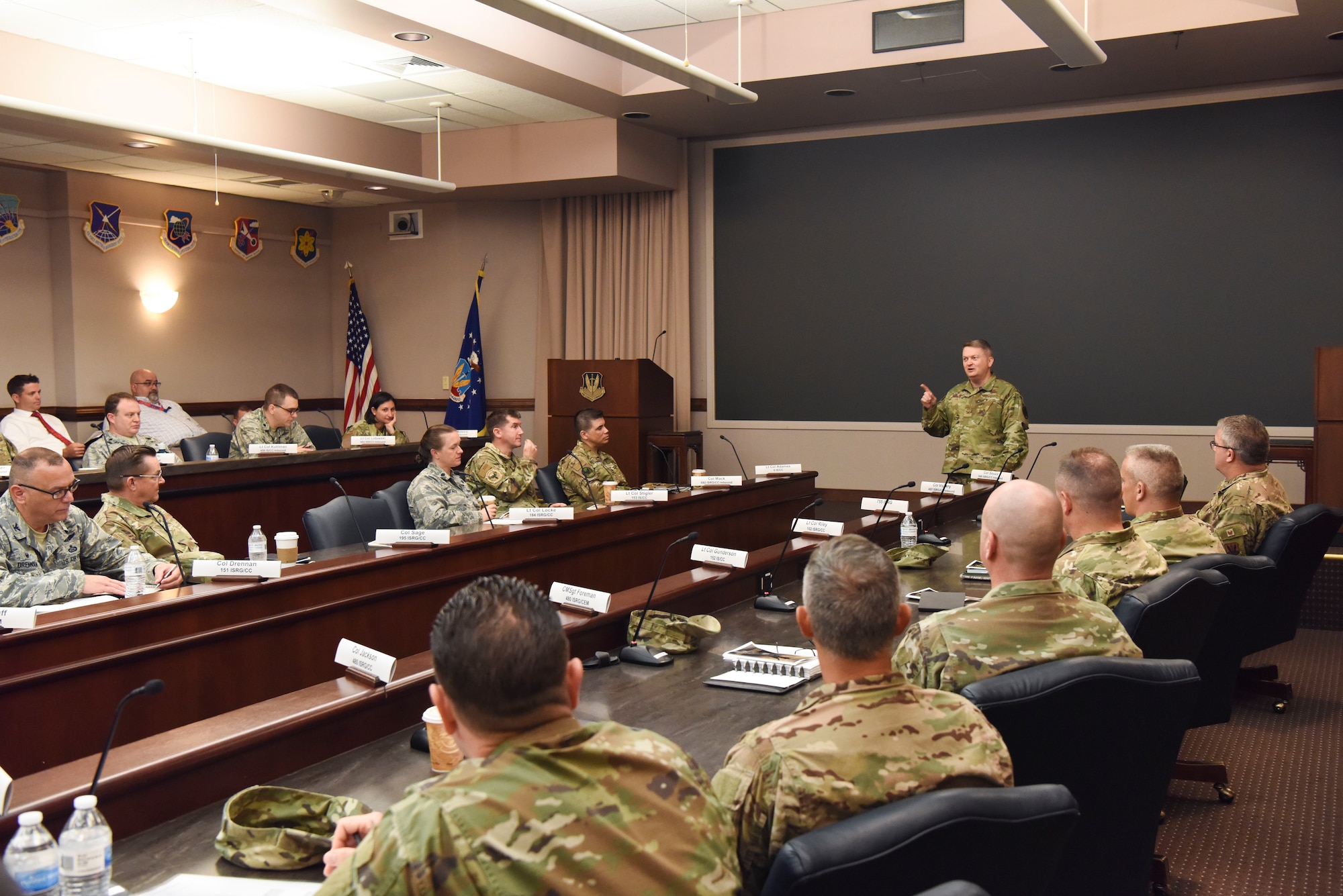 U.S. Air Force Col. Max Pearson, 480th Intelligence, Surveillance and Reconnaissance Wing commander, speaks to group commanders and senior enlisted leaders from across the enterprise during the Global Synchronization and Planning Meeting at Joint Base Langley-Eustis, Virginia, May 29-31, 2019. With six geographically separated groups working together to complete ISR missions, this three-day meeting the group to share best practices, improve overall communication and continue shaping the future of the enterprise. (U.S. Air Force photo by Tech. Sgt. Darnell Cannady)