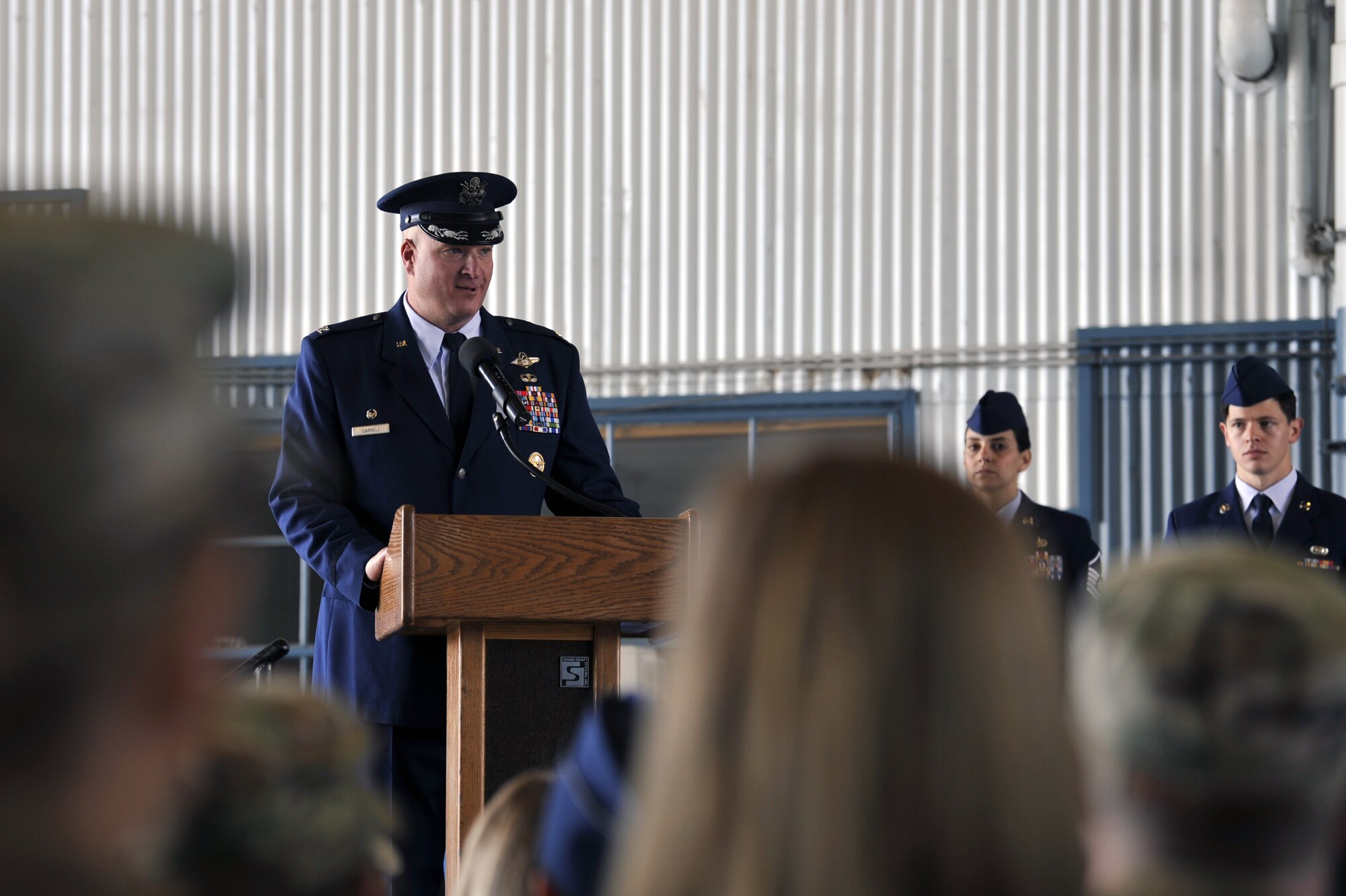 U.S. Air Force Col. Richard Carrell, 58th Operations Group commander, speaks to members of the 58th Operations Support Squadron during the 58th OSS change of command ceremony at Kirtland Air Force Base, N.M., June 6, 2019. The mission of the 58th OSS is to provide training and support to tomorrow’s special operations, personnel recovery, and homeland defense warriors. (U.S. Air Force photo by Staff Sgt. Dylan Nuckolls)