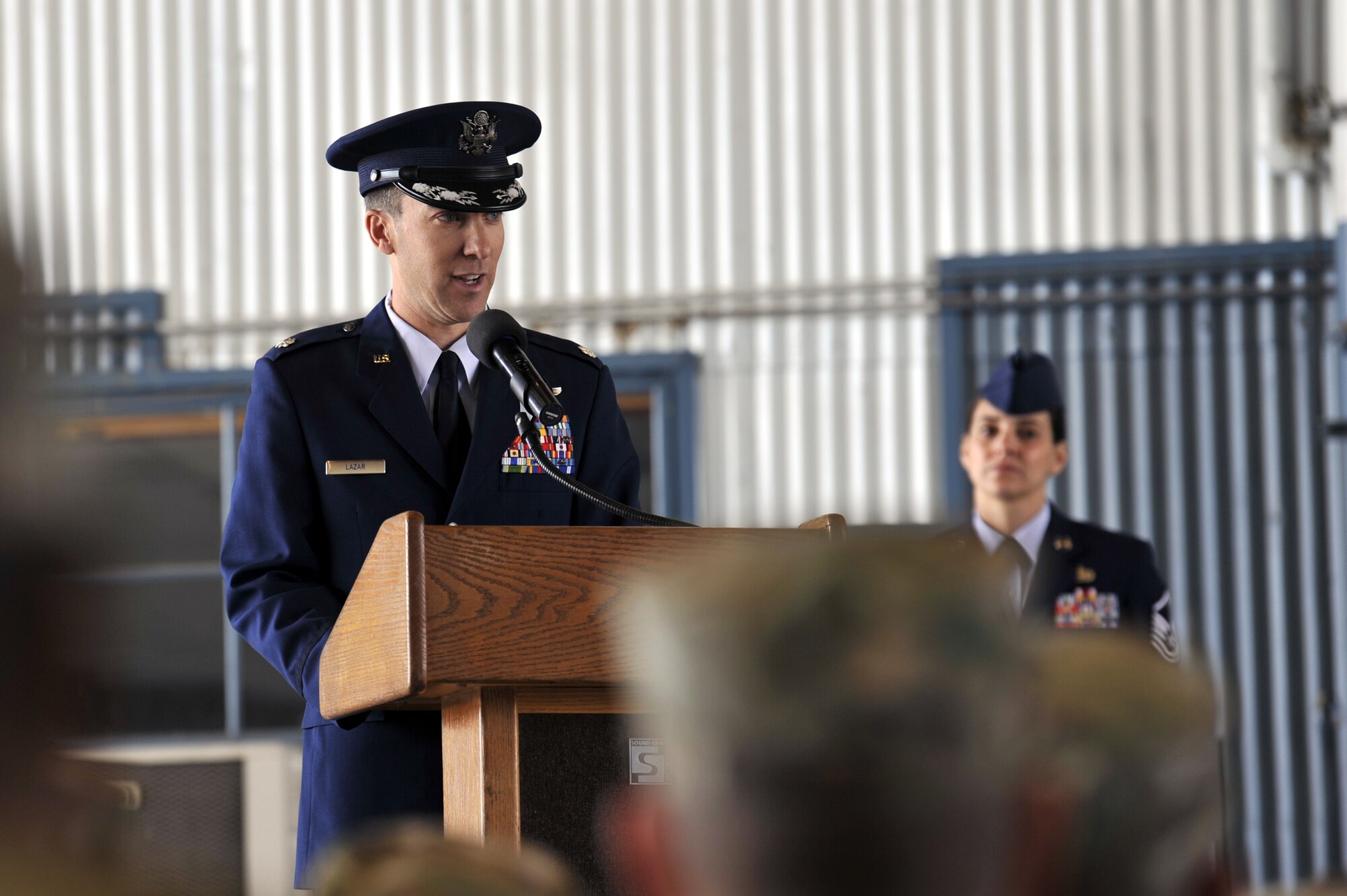U.S. Air Force Lt. Col. Andrew Lazar, 58th Operations Support Squadron commander, speaks to those attending the 58th OSS change of command ceremony at Kirtland Air Force Base, N.M., June 6, 2019. The mission of the 58th OSS is to provide training and support to tomorrow’s special operations, personnel recovery, and homeland defense warriors. (U.S. Air Force photo by Staff Sgt. Dylan Nuckolls)