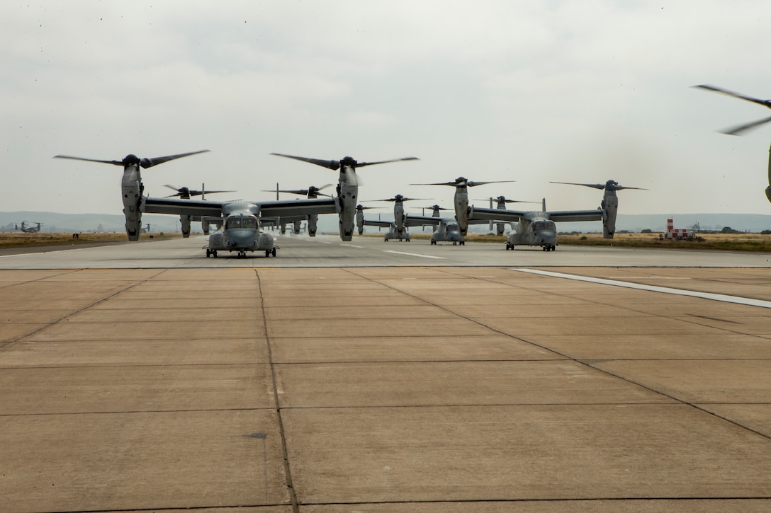 U.S. Marine Corps MV-22B Ospreys with Marine Medium Tiltrotor Squadron (VMM) 161, Marine Aircraft Group (MAG) 16, 3rd Marine Aircraft Wing (MAW), prepare to fly at Marine Corps Air Station Miramar, Calif., June 6, 2019. In a dynamic display of combat power that featured over 40 aircraft in MAG-16’s mass flight, the aircraft showcased the tactical capabilities and power that the Marine Air Ground Task Force uses to defend the nation. (U.S. Marine Corps photo by Lance Cpl. Cheng Chang)