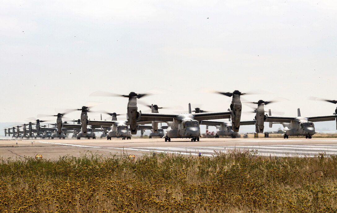 U.S. Marine Corps MV-22B Ospreys with Marine Medium Tiltrotor Squadron (VMM) 161, Marine Aircraft Group (MAG) 16, 3rd Marine Aircraft Wing (MAW), prepare to fly at Marine Corps Air Station Miramar, Calif., June 6, 2019. In a dynamic display of combat power that featured over 40 aircraft in MAG-16’s mass flight, the aircraft showcased the tactical capabilities and power that the Marine Air Ground Task Force uses to defend the nation. (U.S. Marine Corps photo by Sgt. Sarah Ralph)