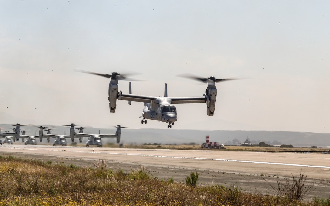 A U.S. Marine Corps MV-22B Osprey Marine Aircraft Group (MAG) 16, 3rd Marine Aircraft Wing (MAW), takes off from the flight line during a mass flight exercise at Marine Corps Air Station Miramar, Calif., June 6, 2019. MAG-16’s commitment of operational excellence and lethality was demonstrated in a mass flight, which featured more than 40 aircraft. (U.S. Marine Corps photo by Sgt. Sarah Ralph)