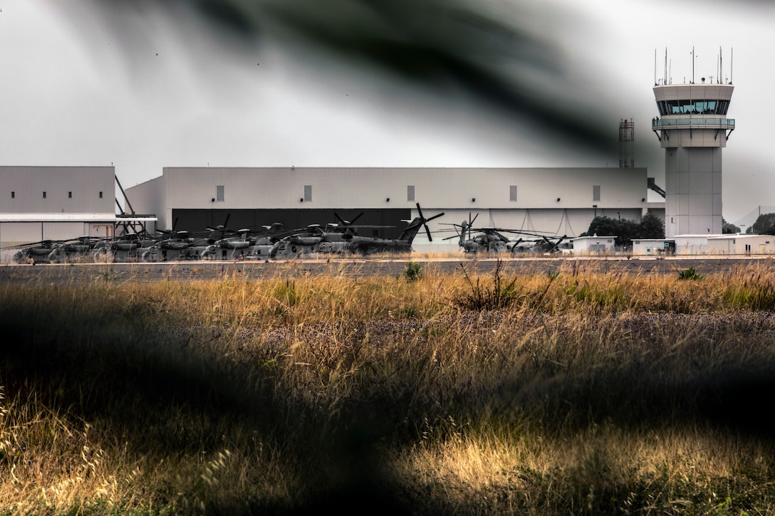 U.S. Marine Corps CH-53E Super Stallions with Marine Aircraft Group (MAG) 16, 3rd Marine Aircraft Wing (MAW), prepare to fly at Marine Corps Air Station Miramar, Calif., June 6, 2019. In a dynamic display of combat power that featured over 40 aircraft in MAG-16’s mass flight, the aircraft showcased the tactical capabilities and power that the Marine Air Ground Task Force uses to defend the nation. (U.S. Marine Corps photo by Sgt. Jake McClung)