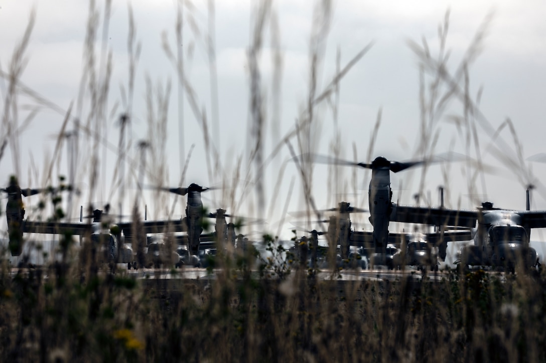 U.S. Marine Corps MV-22B Ospreys with Marine Medium Tiltrotor Squadron (VMM) 161, Marine Aircraft Group (MAG) 16, 3rd Marine Aircraft Wing (MAW), prepare to fly at Marine Corps Air Station Miramar, Calif., June 6, 2019. In a dynamic display of combat power that featured over 40 aircraft in MAG-16’s mass flight, the aircraft showcased the tactical capabilities and power that the Marine Air Ground Task Force uses to defend the nation. (U.S. Marine Corps photo by Sgt. Jake McClung)