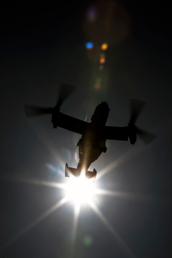 A U.S. Marine Corps MV-22B Osprey Marine Aircraft Group (MAG) 16, 3rd Marine Aircraft Wing (MAW), takes off from the flight line during a mass flight exercise at Marine Corps Air Station Miramar, Calif., June 6, 2019. MAG-16’s commitment of operational excellence and lethality was demonstrated in a mass flight, which featured more than 40 aircraft. (U.S. Marine Corps photo by Sgt. Jake McClung)