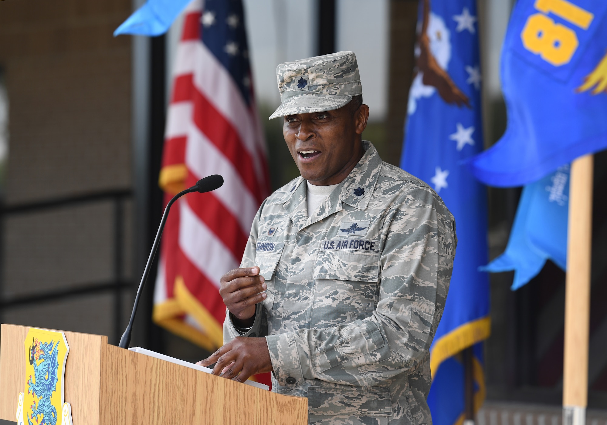 U.S. Air Force Lt. Col. Andre Johnson, 338th Training Squadron commander, delivers remarks during a Military Training Leader course graduation ceremony at the Levitow Training Support Facility on Keesler Air Force Base, Mississippi, May 30, 2019. The MTL course is responsible for training approximately 120 MTLs per year. Those MTLs are then responsible for training approximately 30,000 Airmen in 49 different locations that fall under Air Education and Training Command. (U.S. Air Force photo by Kemberly Groue)