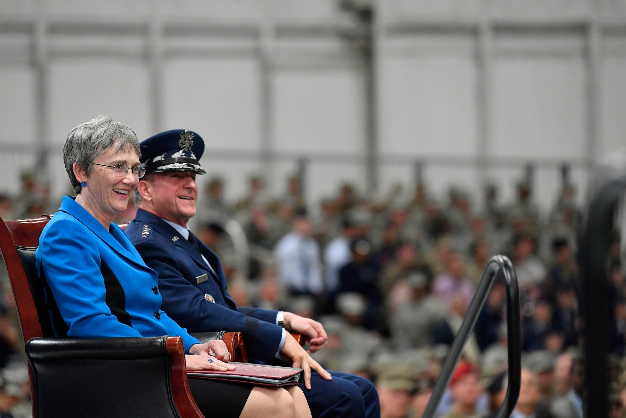 Secretary of the Air Force Heather Wilson and Air Force Chief of Staff Gen. David L. Goldfein smile during the SECAF's farewell ceremony at Joint Base Andrews, Maryland, May 21, 2019. Wilson announced her resignation in March after she was selected to be president of the University of Texas, El Paso; her last day as Air Force secretary was May 31, 2019. (U.S. Air Force photo by Wayne Clark)