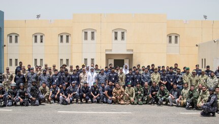 Kuwaiti and U.S. participants of Al Watan One pose for a photo on May 2, 2019 following a joint exercise with a simulated terrorist, explosive ordnance, and chemical situation at the Kuwait Special Forces Training Center. The exercise was crafted to build a shared understanding of Kuwait Civil Authorities and U.S. Forces procedures while reacting to any disaster, natural and manmade alike.