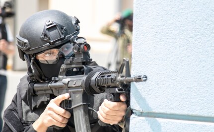 A member of the Kuwait Ministry of Interior’s Special Weapons and Tactics team uses the corner of a building for cover while pulling security on May 2, 2019 during a joint exercise with a simulated terrorist, explosive ordnance, and chemical situation at the Kuwait Special Forces Training Center. The exercise was crafted to build a shared understanding of Kuwait Civil Authorities and U.S. Forces procedures while reacting to any disaster, natural and manmade alike.