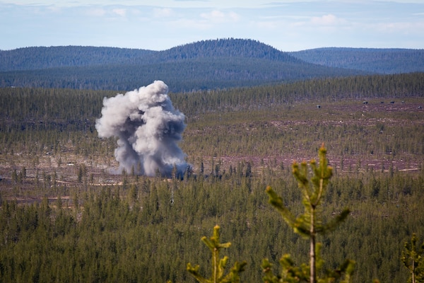 Ordnance dropped from a U.S. Marine Corps F/A-18 Hornet impacts during the Bold Quest 19.1 event at Rovajarvi Range near Rovaniemi, Finland, May 16, 2019. The U.S. Marine Corps’ participation in Bold Quest 19.1 ensures close-air support interoperability and enables the Marine Corps to globally deploy its forces alongside partner nations and allies. The aircraft is assigned to Marine Fighter Attack Squadron 251, Marine Aircraft Group 31, 2nd Marine Aircraft Wing.