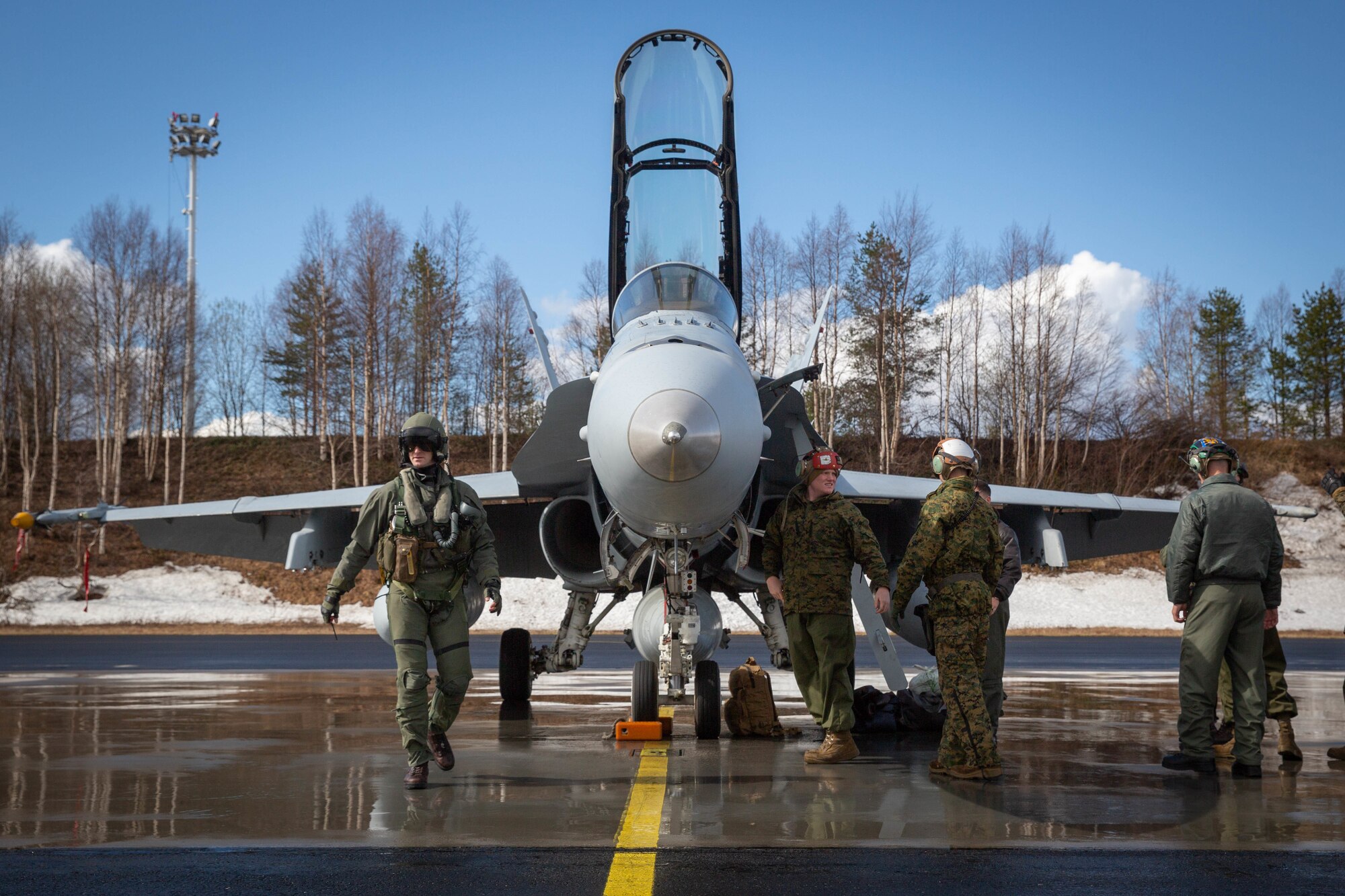 A U.S. Marine Corps F/A-18 Hornet arrives at Rovaniemi Air Base in preparation for Bold Quest 19.1, in Rovaniemi, Finland, May 14, 2019. The U.S. Marine Corps’ participation in Bold Quest 19.1 ensures close-air support interoperability and enables the Marine Corps to globally deploy its forces alongside European allies and partners. The aircraft and Marines assigned to Marine Fighter Attack Squadron 251, Marine Aircraft Group 31, 2nd Marine Aircraft Wing.