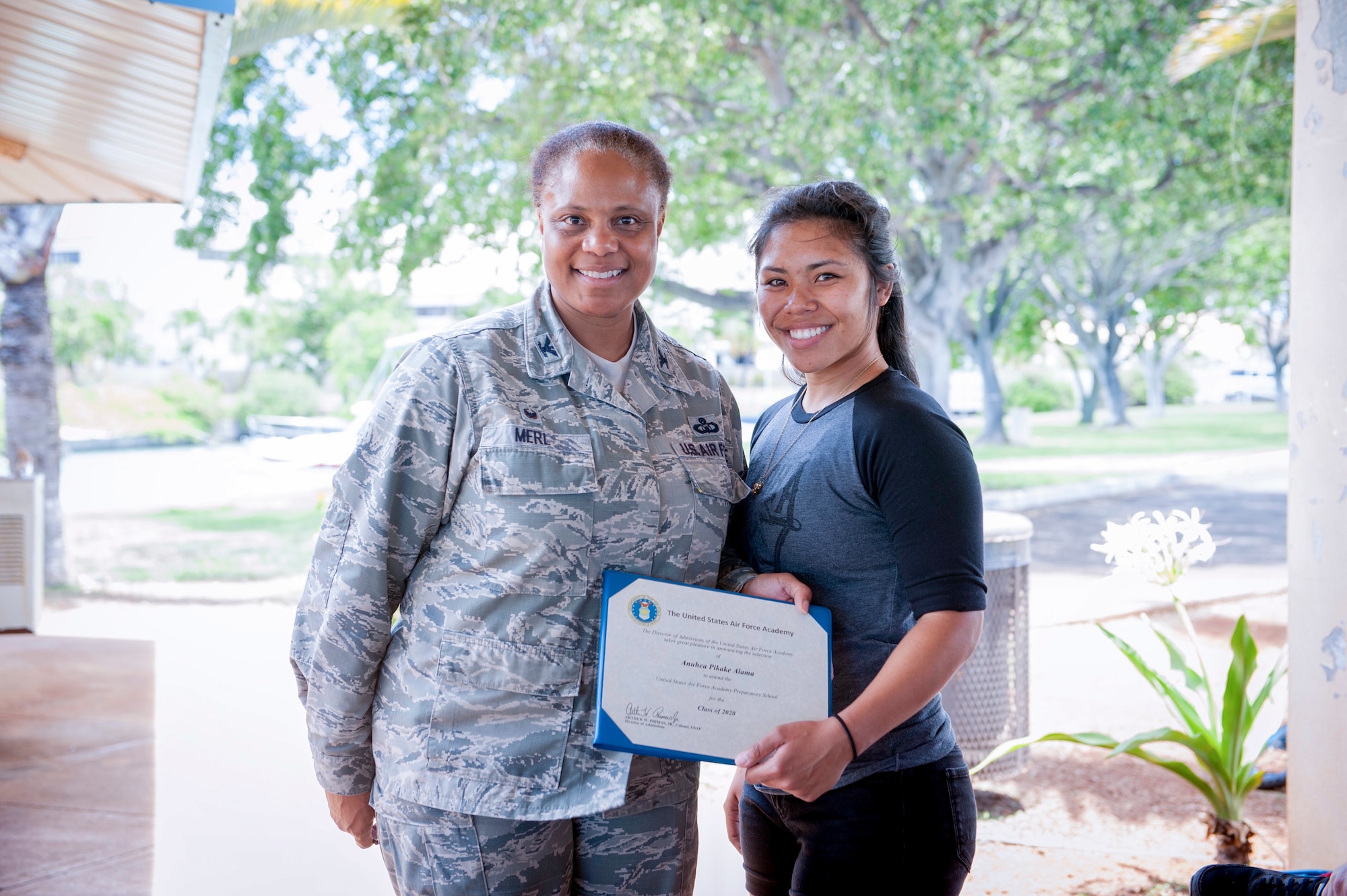 Col. Joyce Merl, 154th Mission Support Group commander, recognizes Airman Anuhea Pikake Alama, 154th Logistics Readiness Squadron materials handler, for her acceptance into the Air Force Academy Preparatory School June 2, 2019, at Joint Base Pearl Harbor-Hickam, Hawaii.