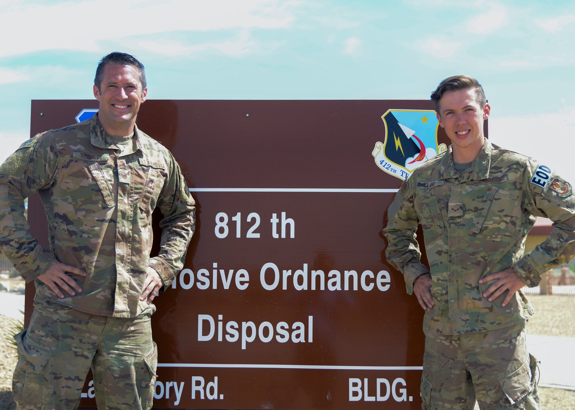 Tech Sgt. James Bennett and Airman 1st Class David Lane, both from 812th Civil Engineer Squadron, Explosive Ordnance Disposal, was part of a team that responded to a call for assistance following an F-16 crash at March Air Reserve Base in Riverside, Calif., recently. (U.S. Air Force photo by Giancarlo Casem)