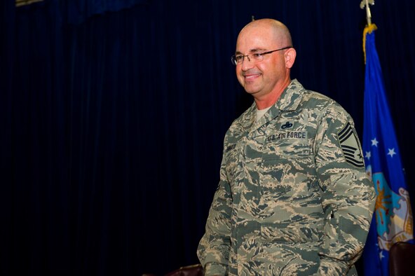 NELLIS AIR FORCE BASE, Nev. – The 926th Aircraft Maintenance Squadron holds a promotion ceremony June 4 at the base theater to recognize Matthew Bennato’s promotion to Chief Master Sergeant. Roughly one percent of the Air Force enlisted force holds the rank of chief master sergeant. (U.S. Air Force photo by Senior Airman Brett Clashman)