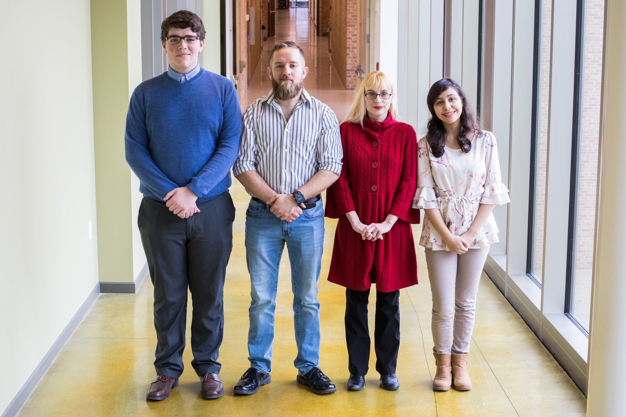 Students (left to right): Paul Warkentien, Evan Kolodey, Miranda Ghrist, Elena Cintron, delved into hypersonics research for the Air Force Office of Scientific Research, via a partnership between AFOSR, NASA, a private company and a community college, gaining experience in laboratory settings. (Photo courtesy of Regan Silvestri)