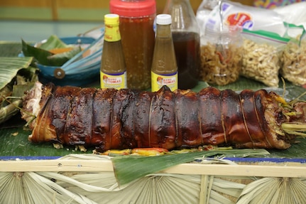 Pork belly and other Filipino foods sit on a table during an Asian American Pacific Heritage event at the Maj. Gen. Emmett J. Bean Center here June 4, 2019. The U.S. Army Financial Management Command and DFAS teamed up to host the event meant to showcase Asian and Pacific Islander heritage, whit this year’s event focused specifically on South Korea and the Philippines.