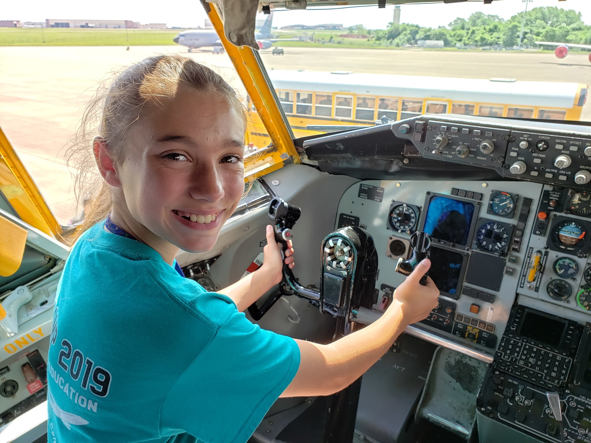 A student and participant in the 2019 Aviation Career Education Academy poses in the aircraft commander’s seat in an Air Force Reserve KC-135R Stratotanker. The ACE academy provides middle school students weeklong immersion experiences in a variety of aviation and aerospace professions. The Oklahoma City ACE toured with the 507th ARW on June 5, 2019 at Tinker Air Force Base, Oklahoma. (U.S. Air Force Photo by Maj. Jon Quinlan)