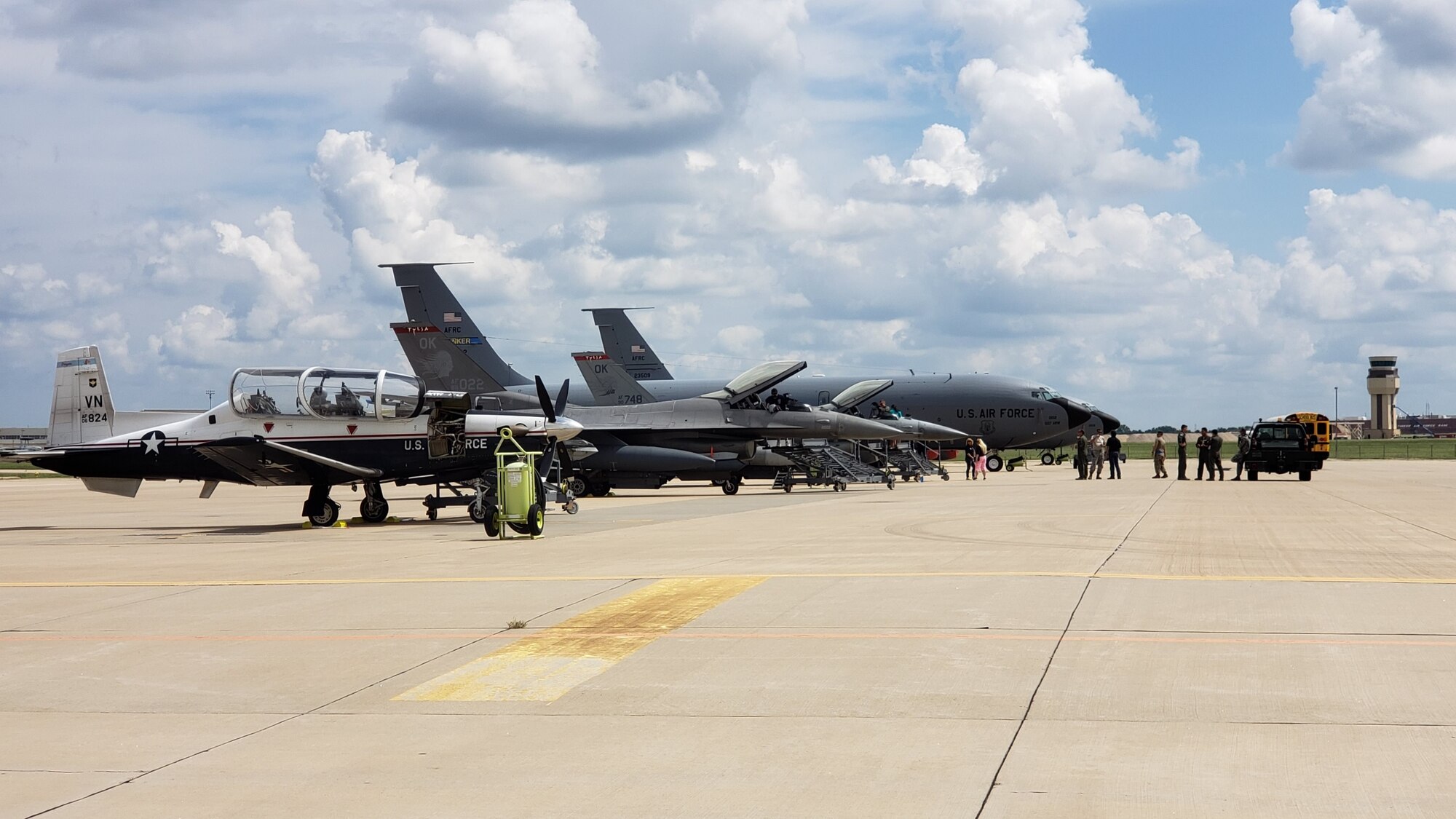 A KC-135R Stratotanker, two F-16 Fighting Falcons and a T-6 Texan II aircraft sit on the Reserve Ramp at the 507th Air Refueling Wing, June 5, 2019. (U.S. Air Force Photo by Maj. Jon Quinlan)