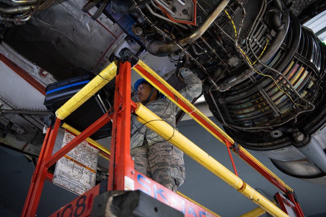 U.S. Air Force Senior Airman Tianda King, 860th Aircraft Maintenance Squadron inspection team member, performs an inspection on a C-17 Globemaster III engine June 3, 2019, at Travis Air Force Base, California. Airmen from Joint Base Lewis-McChord, Washington, and Travis have completed 18 C-17 inspections since February. (U.S. Air Force photo by Tech. Sgt. James Hodgman)