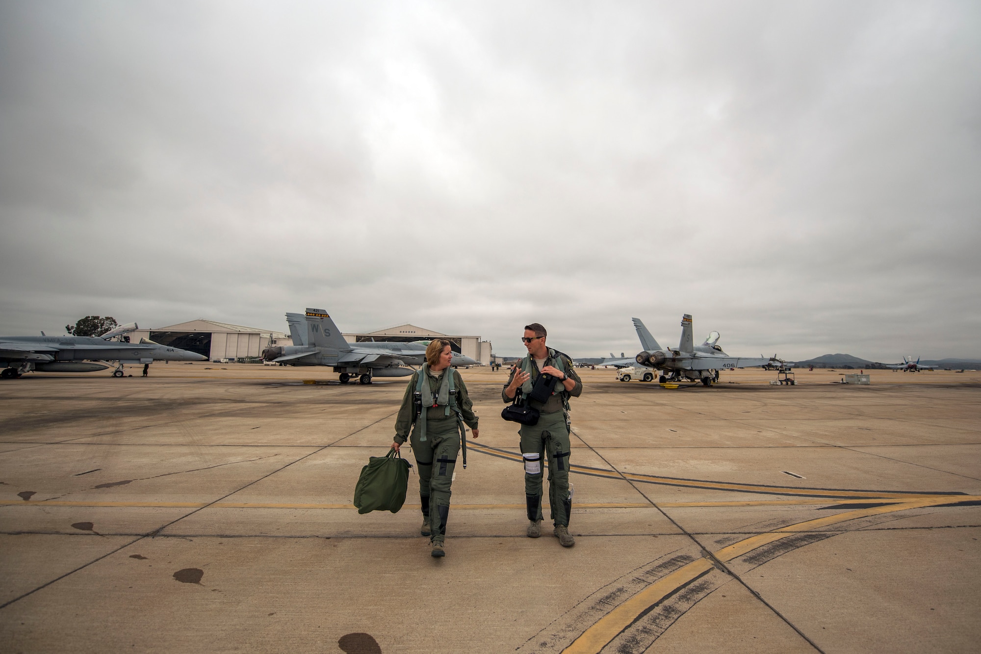 Staff Sgt. Saydee Osborn, 49th Equipment Maintenance Squadron Non-Destructive Inspection technician and Capt. Kenneth Durbin, 314th Fighter Squadron instructor pilot, step to and F-16 Viper June 4, 2019, on Marine Corps Air Station Miramar, Calif. During the duration of the temprary duty assignment, 258 training sortie missions were conducted. (U.S. Air Force photo by Staff Sgt. Christine Groening)