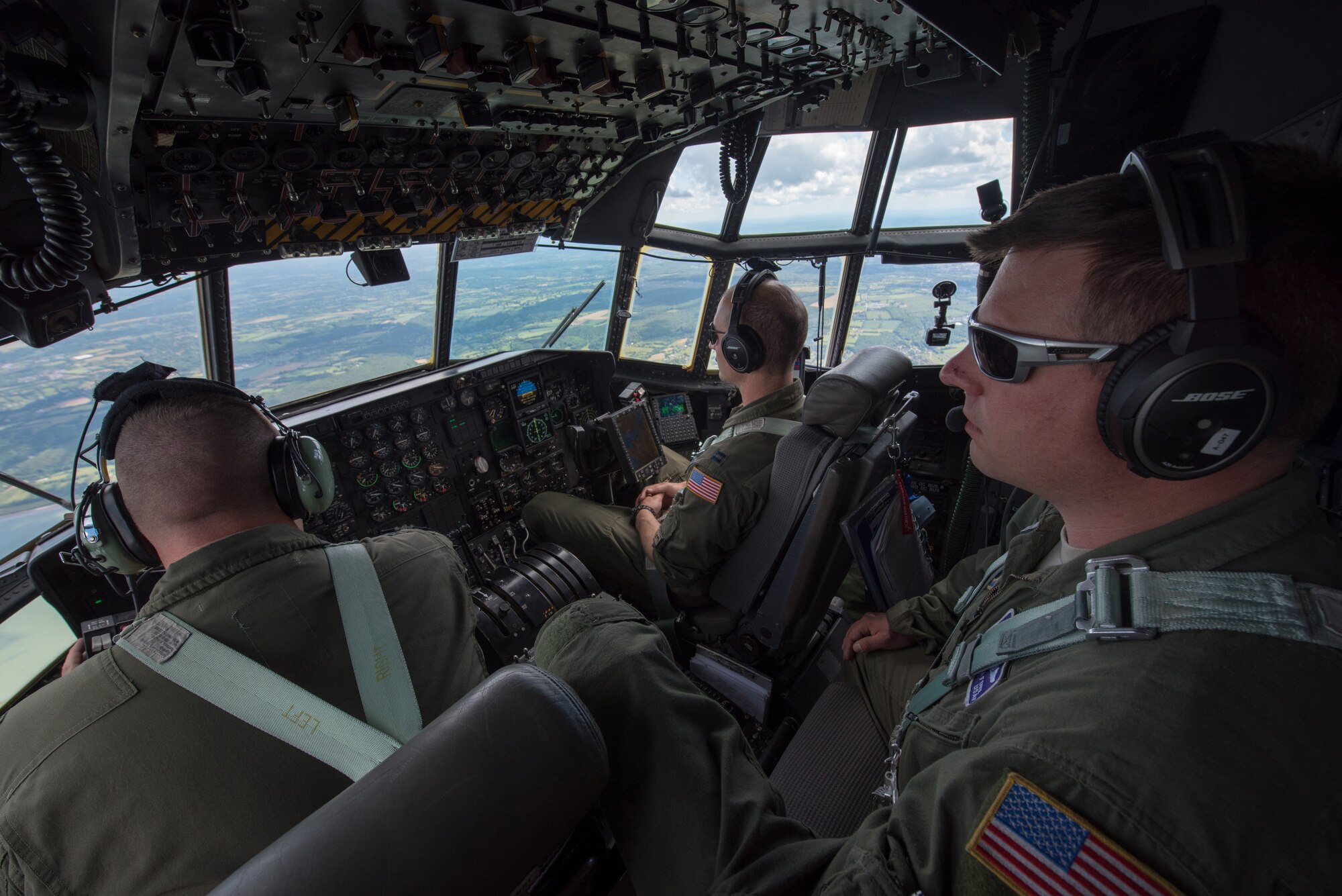 Aircrew from the U.S. Air Force Reserve’s 96th Airlift Squadron fly over Normandy, France, June 6, 2019, as part of the 75th-anniversary obserance of D-Day. Multiple units will participate in aerial events though June 9, including members of the Kentucky Air National Guard’s 123rd Airlift Wing; Air Force Reserve units from Minnesota, Alabama, and Colorado; and active duty U.S. Air Force units from Ramstein Air Base, Germany, Dyess Air Force Base, Texas, and Little Rock Air Force Base, Ark. They will partner with military personnel from Belgium, France, The Netherlands and Romania. D-Day remains a historic reminder of how the dedicated resolve of allies with a common purpose and shared vision builds proven partnerships that endure. (U.S. Air National Guard photo by Phil Speck)