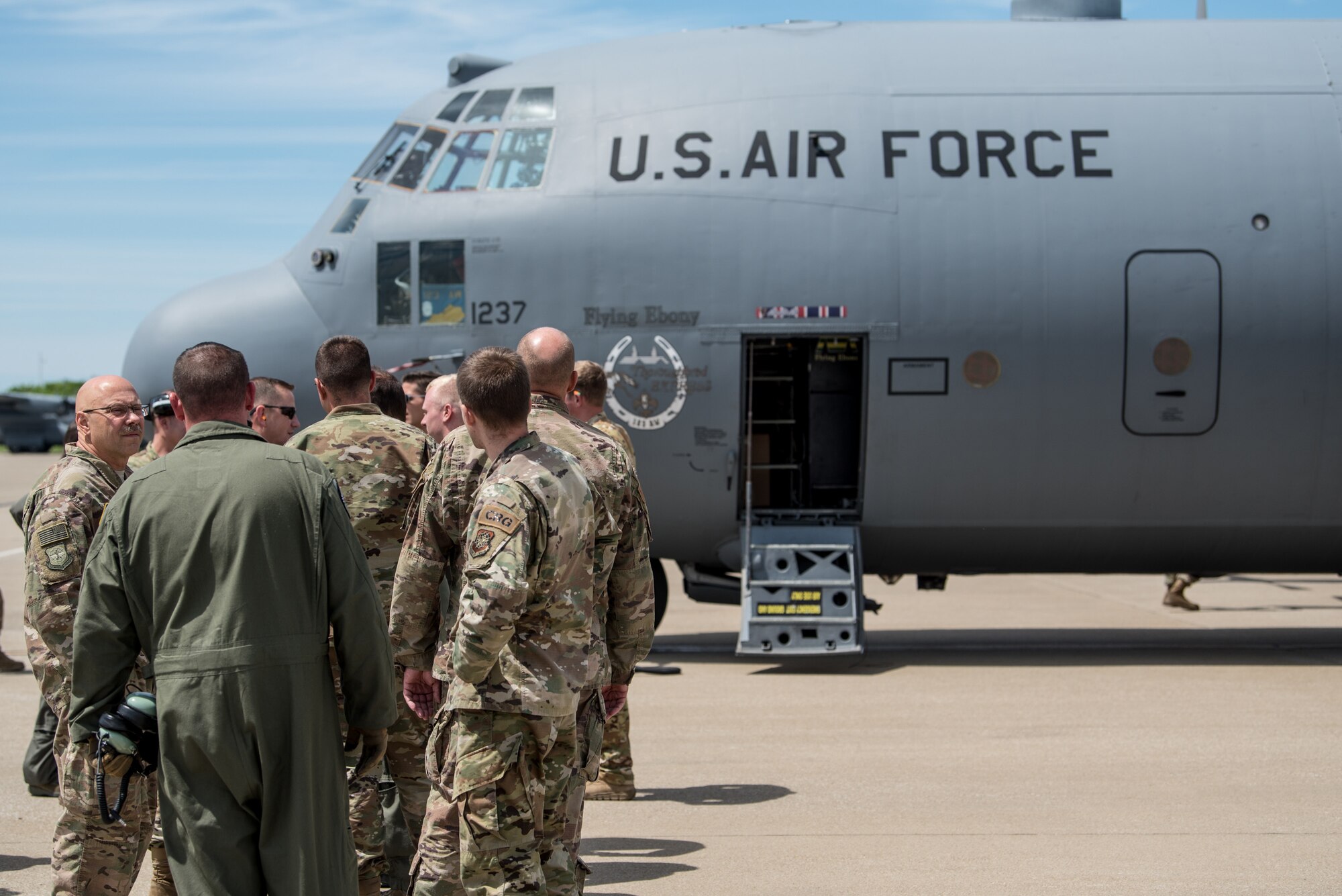 Two C-130 Hercules aircraft and more than 30 Airmen from the Kentucky Air Guard’s 123rd Airlift Wing arrive at the Kentucky Air National Guard Base in Louisville, Ky., June 11, 2019, after participating in a week-long event in France for the 75th anniversary of D-Day. The D-Day invasion, formally known as Operation Overlord, turned the tide of World War II in the European theater. (U.S. Air National Guard photo by Staff Sgt. Joshua Horton)