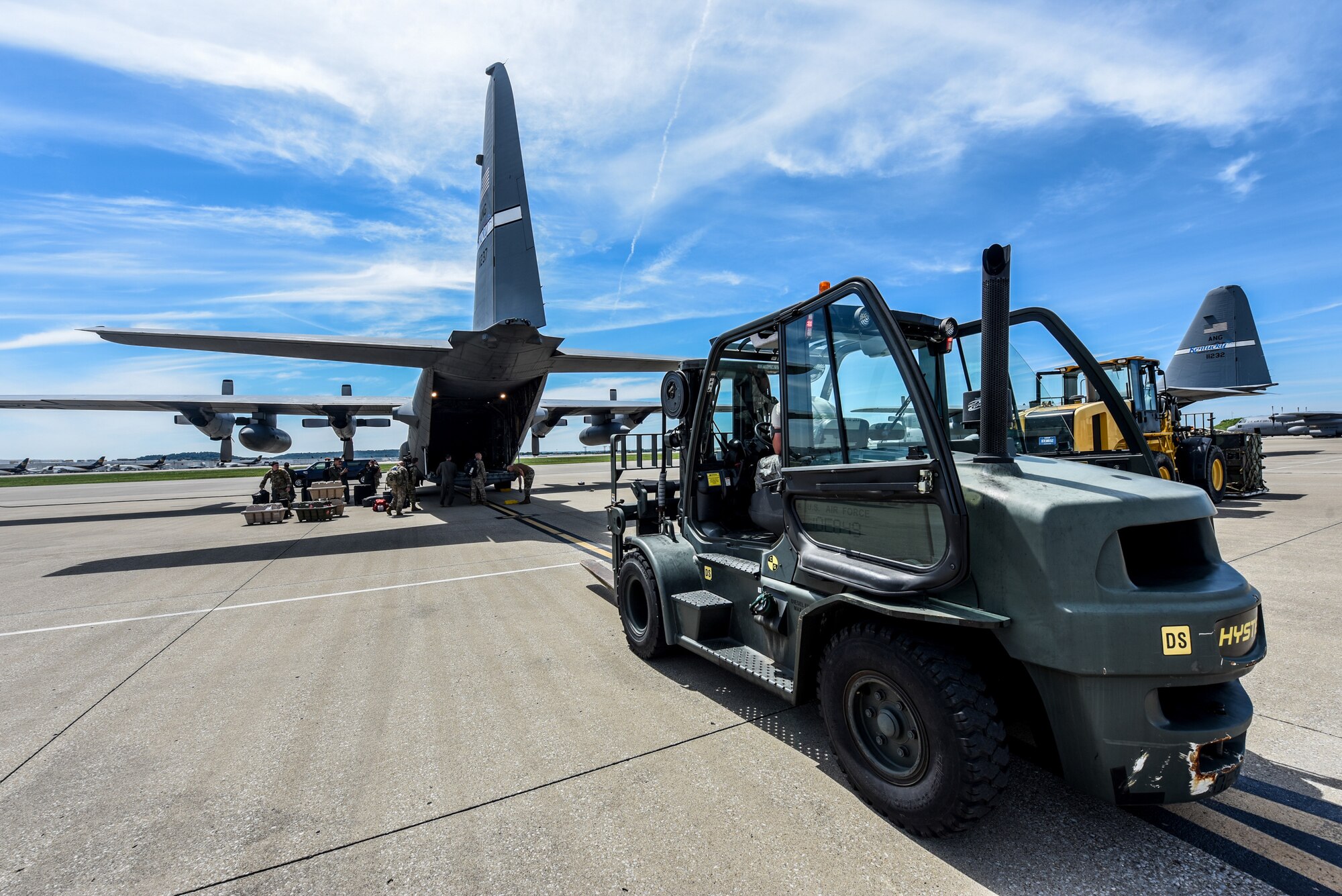 Two C-130 Hercules aircraft and more than 30 Airmen from the Kentucky Air Guard’s 123rd Airlift Wing arrive at the Kentucky Air National Guard Base in Louisville, Ky., June 11, 2019, after participating in a week-long event in France for the 75th anniversary of D-Day. The D-Day invasion, formally known as Operation Overlord, turned the tide of World War II in the European theater. (U.S. Air National Guard photo by Staff Sgt. Joshua Horton)