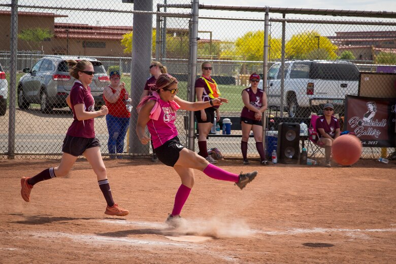 Spouses of U.S. Marines and sailors compete in the Spouses of Yuma Area Kickball Association (SYAKA) tournament on Marine Corps Air Station (MCAS) Yuma April 28, 2019. The purpose of SYAKA is to help spouses network, build camaraderie, while also having fun through physical activity. (U.S. Marine Corps photo by Sgt. Allison Lotz)