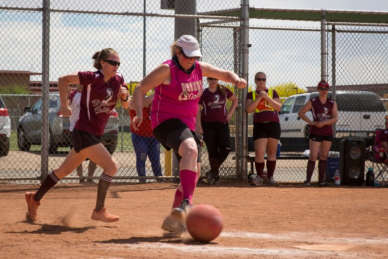 Spouses of U.S. Marines and sailors compete in the Spouses of Yuma Area Kickball Association (SYAKA) tournament on Marine Corps Air Station (MCAS) Yuma April 28, 2019. The purpose of SYAKA is to help spouses network, build camaraderie, while also having fun through physical activity. (U.S. Marine Corps photo by Sgt. Allison Lotz)