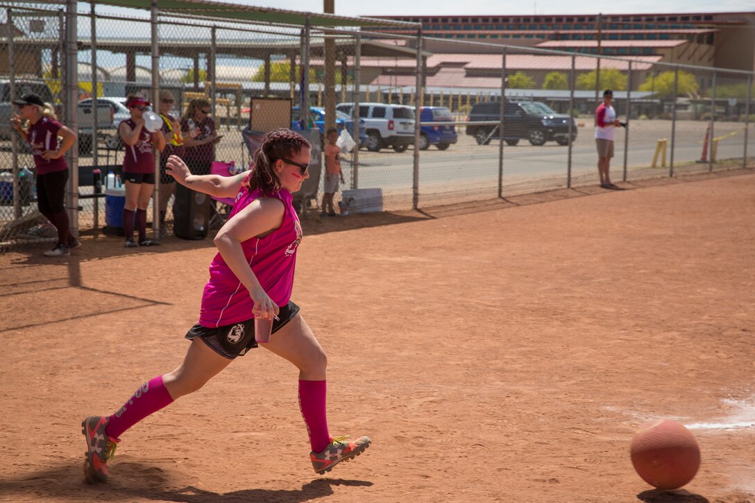 Spouses of U.S. Marines and sailors compete in the Spouses of Yuma Area Kickball Association (SYAKA) tournament on Marine Corps Air Station (MCAS) Yuma April 28, 2019. The purpose of SYAKA is to help spouses network, build camaraderie, while also having fun through physical activity. (U.S. Marine Corps photo by Sgt. Allison Lotz)