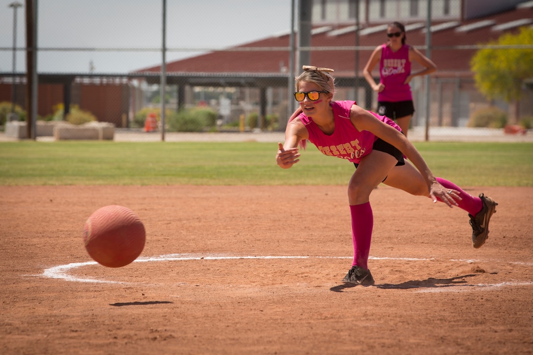 Spouses of U.S. Marines and sailors compete in the Spouses of Yuma Area Kickball Association (SYAKA) tournament on Marine Corps Air Station (MCAS) Yuma April 28, 2019. The purpose of SYAKA is to help spouses network, build camaraderie, while also having fun through physical activity. (U.S. Marine Corps photo by Sgt. Allison Lotz)