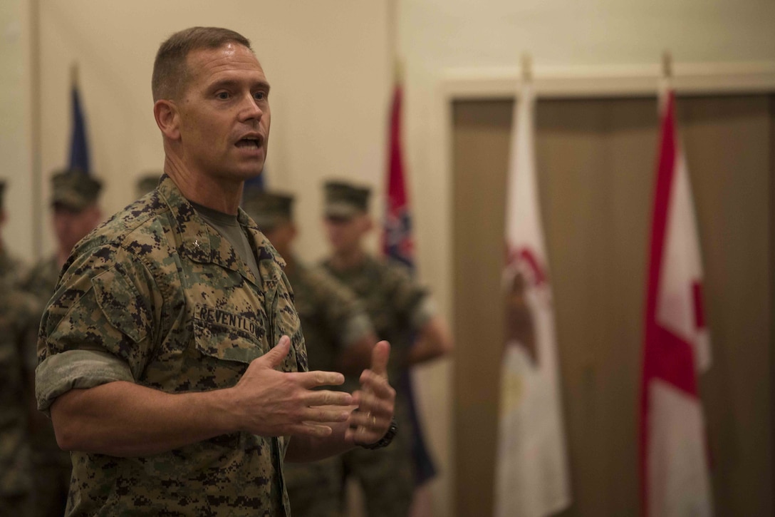 U.S. Marine Corps Brig. Gen. Keith D. Reventlow addresses guests during a change of command ceremony June 7, 2019, at Camp Kinser, Okinawa, Japan. Col. Scott R. Johnson, a native of Talkeetna, Alaska, relinquished command of Combat Logistics Regiment 37, 3rd Marine Logistics Group, to Col. Omar J. Randall, a native of Bronx, New York, during the ceremony. (U.S. Marine Corps photo by Lance Cpl. Terry Wong)