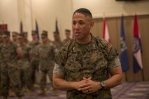 U.S. Marine Corps Col. Omar J. Randall addresses guests during a change of command ceremony June 7, 2019, at Camp Kinser, Okinawa, Japan. Col. Scott R. Johnson, a native of Talkeetna, Alaska, relinquished command of Combat Logistics Regiment 37, 3rd Marine Logistics Group, to Randall, a native of Bronx, New York, during the ceremony. (U.S. Marine Corps photo by Lance Cpl. Terry Wong)