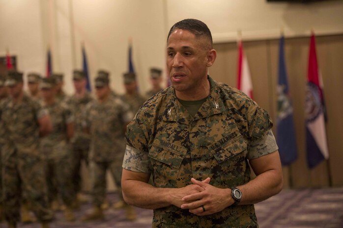 U.S. Marine Corps Col. Omar J. Randall addresses guests during a change of command ceremony June 7, 2019, at Camp Kinser, Okinawa, Japan. Col. Scott R. Johnson, a native of Talkeetna, Alaska, relinquished command of Combat Logistics Regiment 37, 3rd Marine Logistics Group, to Randall, a native of Bronx, New York, during the ceremony. (U.S. Marine Corps photo by Lance Cpl. Terry Wong)
