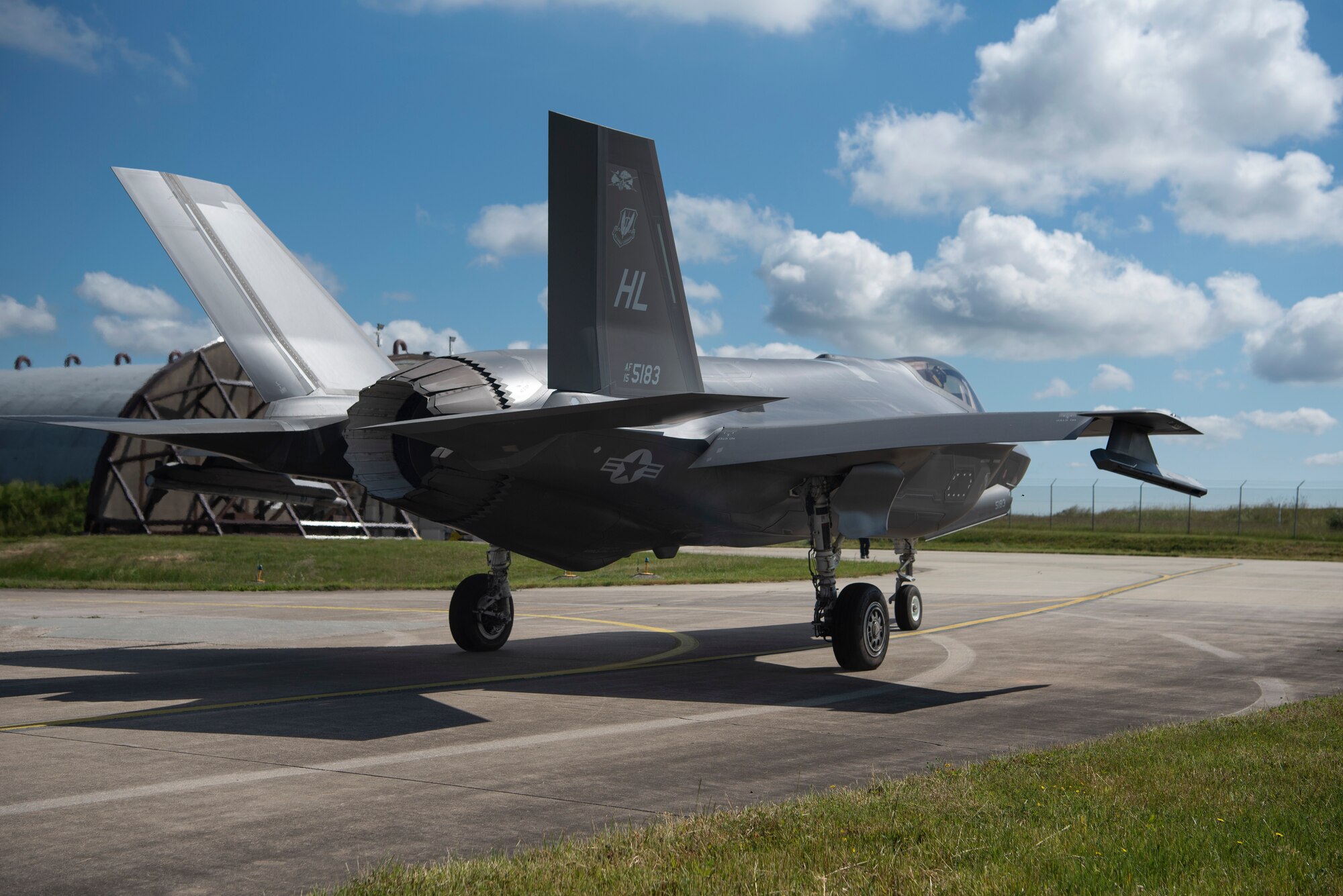 A U.S. Air Force F-35A Lightning II fighter aircraft, assigned to the 421st Fighter Squadron, Hill Air Force Base, Utah, taxis on the flightline at Spangdahlem Air Base, Germany, June 11, 2019. Multiple F-35s came to the European theater as part of a Theater Security Package. Their presence in the European theater underscores the U.S.'s ability to deter and respond to potential threats. (U.S. Air Force photo by Airman 1st Class Valerie Seelye)