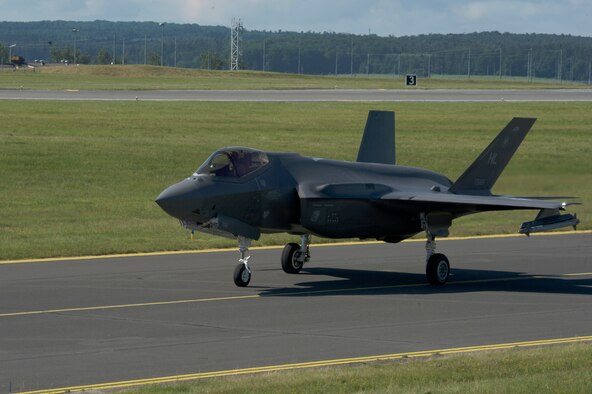 A U.S. Air Force F-35A Lightning II fighter aircraft, assigned to the 421st Fighter Squadron, Hill Air Force Base, Utah, taxis on the flightline at Spangdahlem Air Base, Germany, June 11, 2019. The 421st FS is the newest F-35A squadron, with this being their first deployment with the multi-role stealth fighter. (U.S. Air Force photo by Airman 1st Class Jovante Johnson)