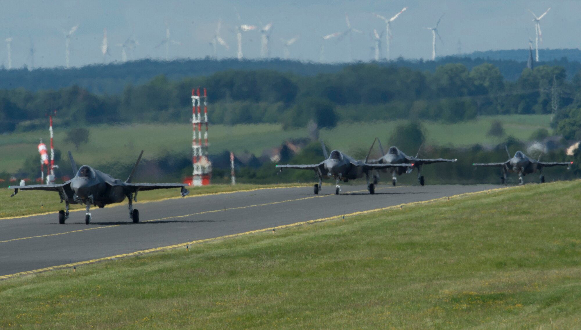 U.S. Air Force F-35A Lightning II fighter aircraft, assigned to the 421st Fighter Squadron, Hill Air Force Base, Utah, arrive at Spangdahlem Air Base, Germany, June 11, 2019. The Theater Security Package will assure allies, deter adversaries, and further demonstrate commitment to regional security. (U.S. Air Force photo by Airman 1st Class Jovante Johnson)
