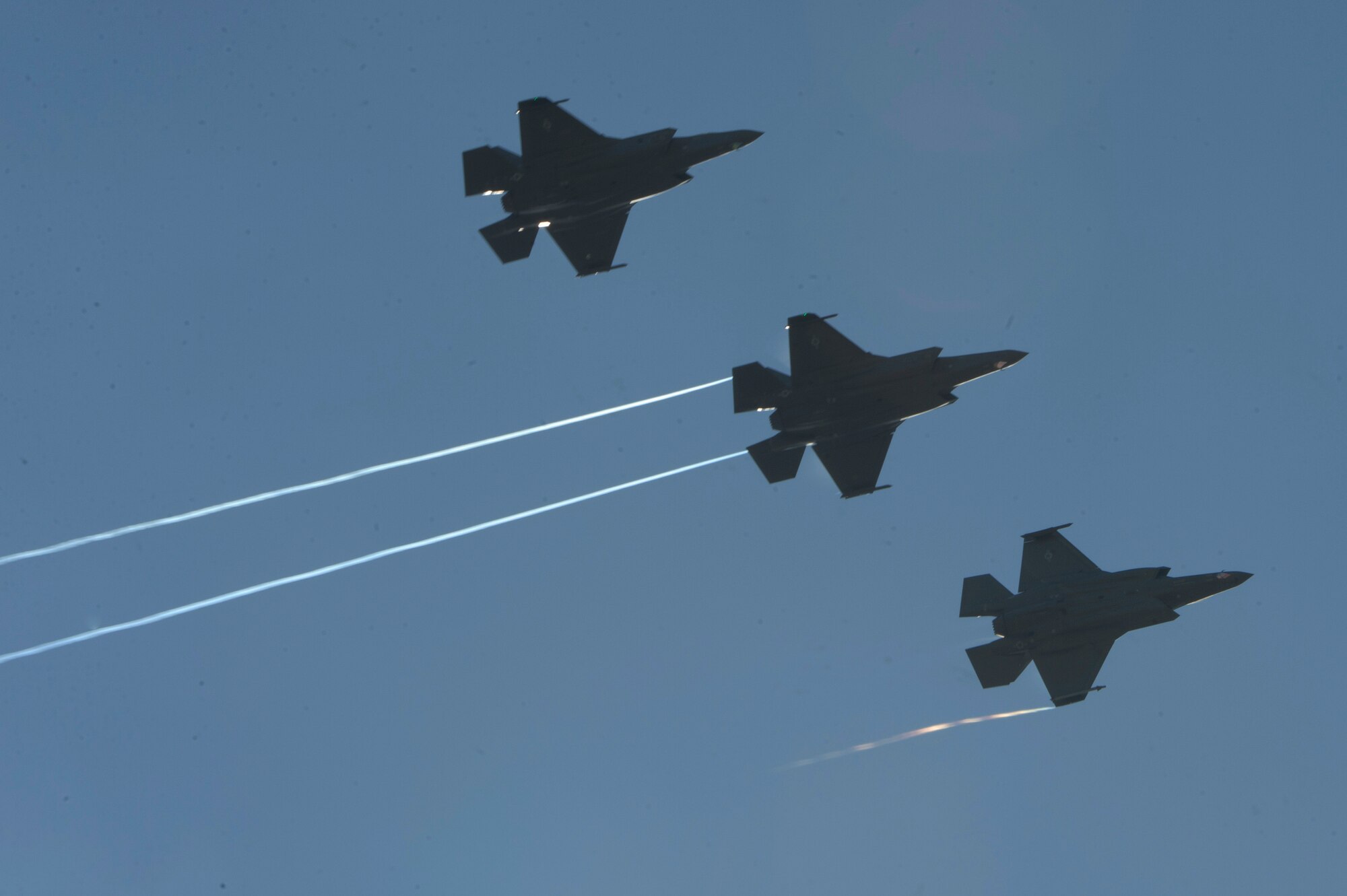 U.S. Air Force F-35A Lightning II fighter aircraft, assigned to the 421st Fighter Squadron, Hill Air Force Base, Utah, fly at Spangdahlem Air Base, Germany, June 11, 2019. The 421st FS arrived at Spangdahlem June, 11, to train and participate in exercises with Europe-based aircraft. (U.S. Air Force photo by Airman 1st Class Jovante Johnson)