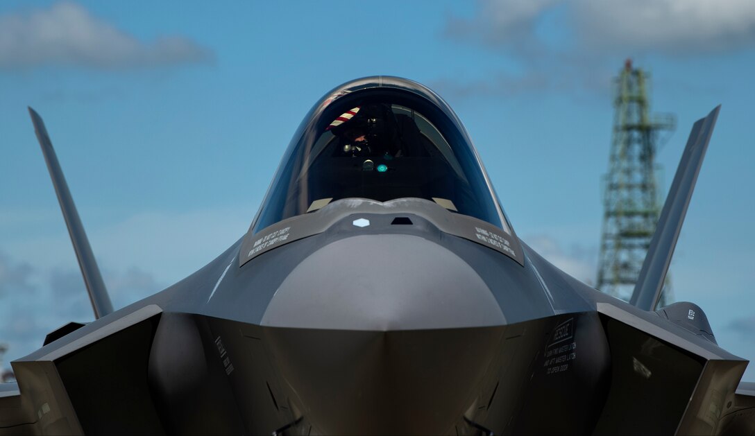 U.S. Air Force Capt. Russell Lee, 421st Fighter Squadron pilot, taxis his F-35A Lightning II fighter aircraft, assigned to the 421st FS from Hill Air Force Base, Utah, on the flightline at Spangdahlem Air Base, Germany, June 11, 2019. Multiple F-35s came to the European theater to train with partner nations as part of a Theater Security Package. Training with NATO aircraft enhances relationships and improves overall coordination with allies. (U.S. Air Force photo by Airman 1st Class Valerie Seelye)