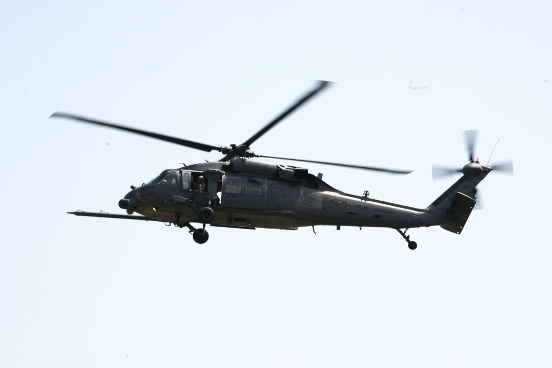A HH-60G Pave Hawk helicopter operated by the 56th Rescue Squadron takes off for training at Aviano Air Base, Italy, June 12, 2019. The 56th Rescue Squadron provides a rapidly-deployable, worldwide combat rescue and reaction force response. (U.S. Air Force photo by Airman 1st Class Ericka A. Woolever).