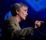 Secretary of the Air Force Heather Wilson emphasized the importance of the U.S. maintaining its dominance in space during a speech at the 35th Space Symposium in Colorado Springs, Colorado, April 9, 2019. Wilson announced her resignation in March after she was selected to be president of the University of Texas, El Paso; her last day as Air Force secretary was May 31, 2019.