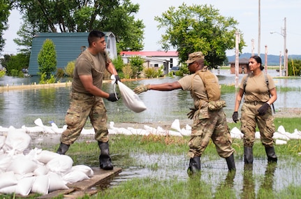 Illinois National Guard Soldiers moving sandbags to build a levee