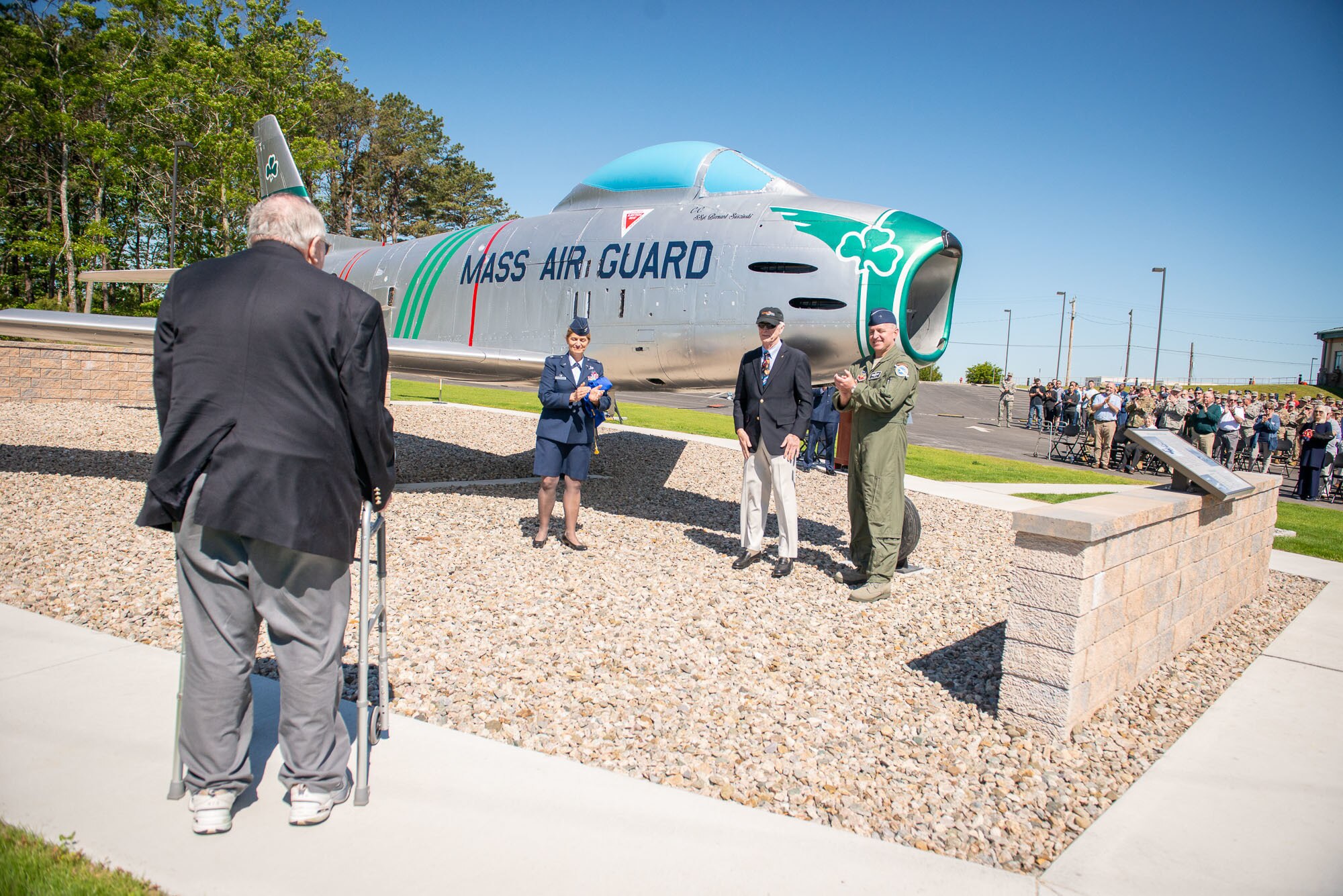 A North American F-86H Sabre static display was dedicated during a ceremony at Otis Air National Guard Base, Mass. on June 8. The ceremony was held to formally announce the dedication of tail number 31235 in honor of Captain Russell “Rusty” L. Schweickart, who was in attendance. Schweickart flew the F-86H Sabre during the early 1960’s while assigned to the 101st Tactical Fighter Squadron, and later served as lunar module pilot for Apollo 9, March 3-13, 1969.