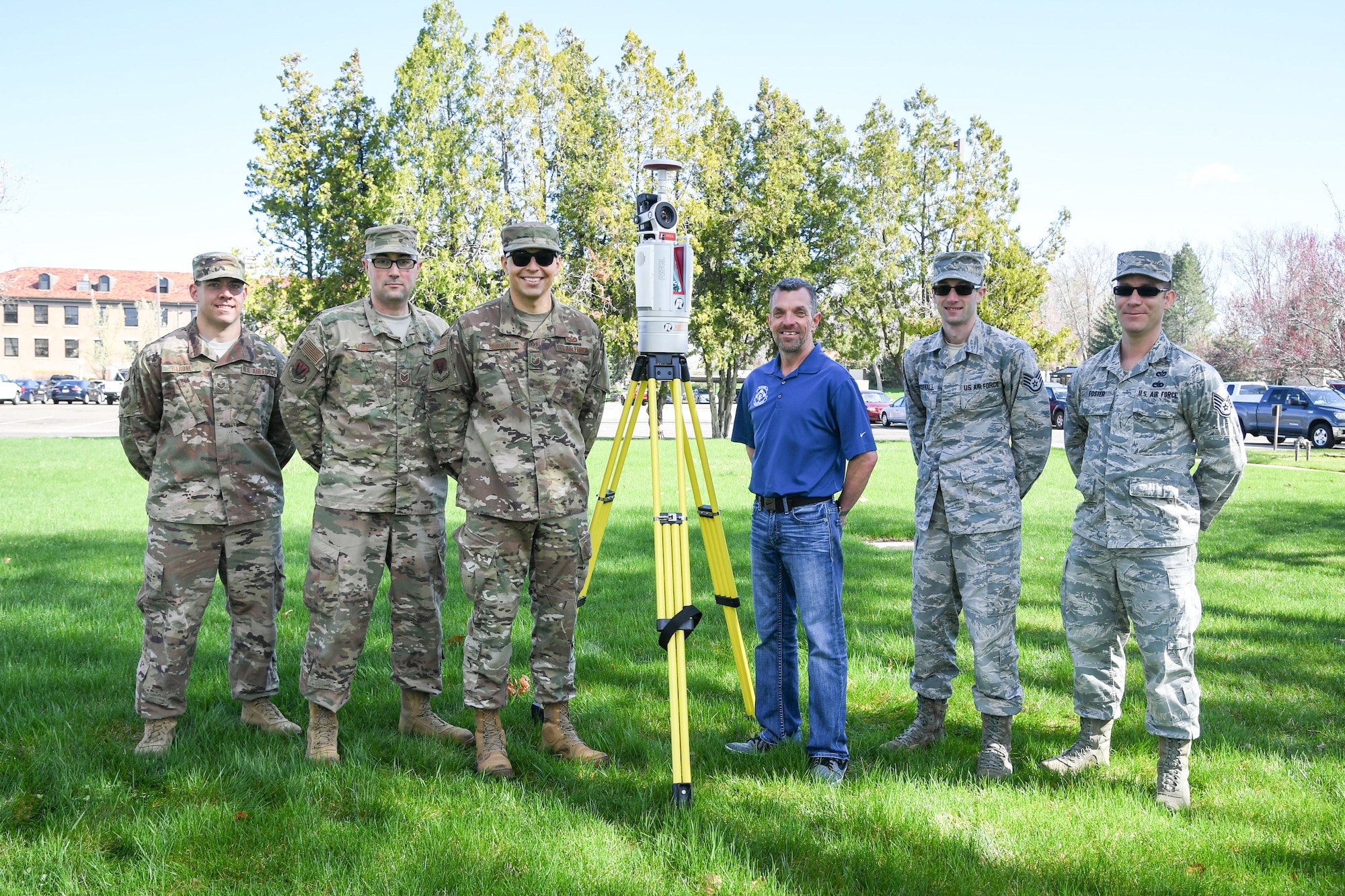 The 84th Radar Evaluation Squadron's Radar Survey Section from left to right: Staff Sgt. Ian Barone, Tech. Sgt. Chris Lange, Tech. Sgt. Adam Borjon, Jason Kaas, Staff Sgt. Austin Marshall, and Staff Sgt. Adam Foster. The team recently received two 3-D terrestrial laser scanners for faster and more accurate surveys around radar sites.(U.S. Air Force photo by Cynthia Griggs)