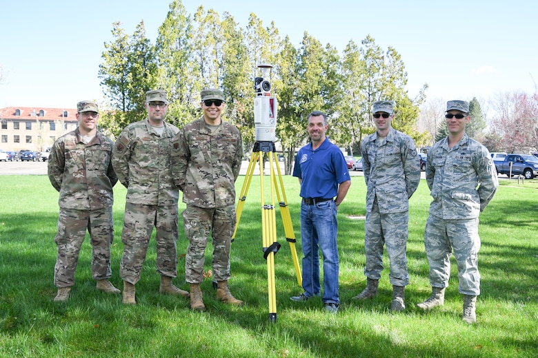The 84th Radar Evaluation Squadron's Radar Survey Section from left to right: Staff Sgt. Ian Barone, Tech. Sgt. Chris Lange, Tech. Sgt. Adam Borjon, Jason Kaas, Staff Sgt. Austin Marshall, and Staff Sgt. Adam Foster. The team recently received two 3-D terrestrial laser scanners for faster and more accurate surveys around radar sites.(U.S. Air Force photo by Cynthia Griggs)