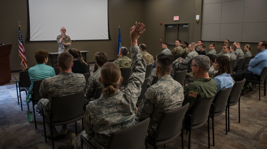 Capt. Eike Selle, officer in the German Reserve Luftwaffe (Air Force) visiting the 932nd Airlift Wing since June 1st, gives an overview of the German Reserves and some comparisons between Germany and United States to a group of Airmen from the 932nd AW,  June 12, 2019, Scott Air Force Base, Illinois. Selle addressed questions about the German Air Force and was asked about the percentage of women in the military.  Women make up roughly 9 percent of  the German military with a higher percent in the Air Force.  (U.S. Air Force photo by Christopher Parr)