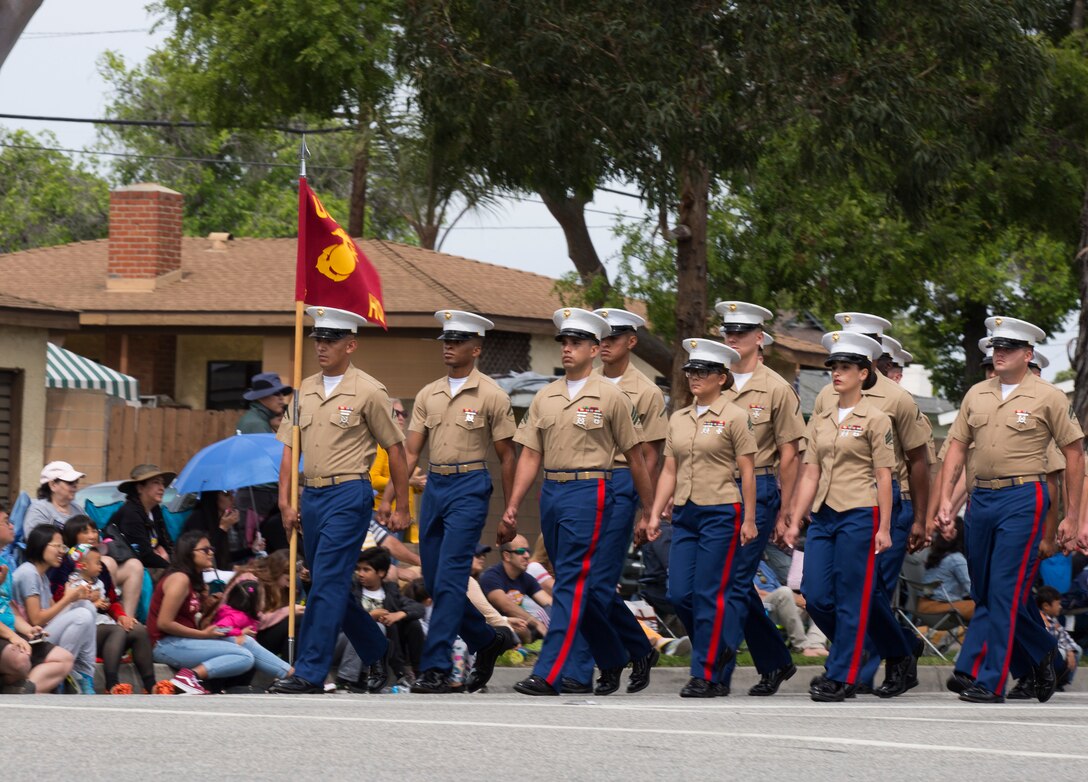 U.S. Marines march toward Torrance City Hall during the Torrance Armed Forces Day Parade in Torrance, Calif., May 18.