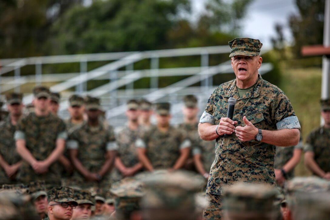 Commandant of the Marine Corps Gen. Robert. B. Neller addresses Marines at the School of Infantry West aboard Marine Corps Base Camp Pendleton, Calif., May 8, 2019.