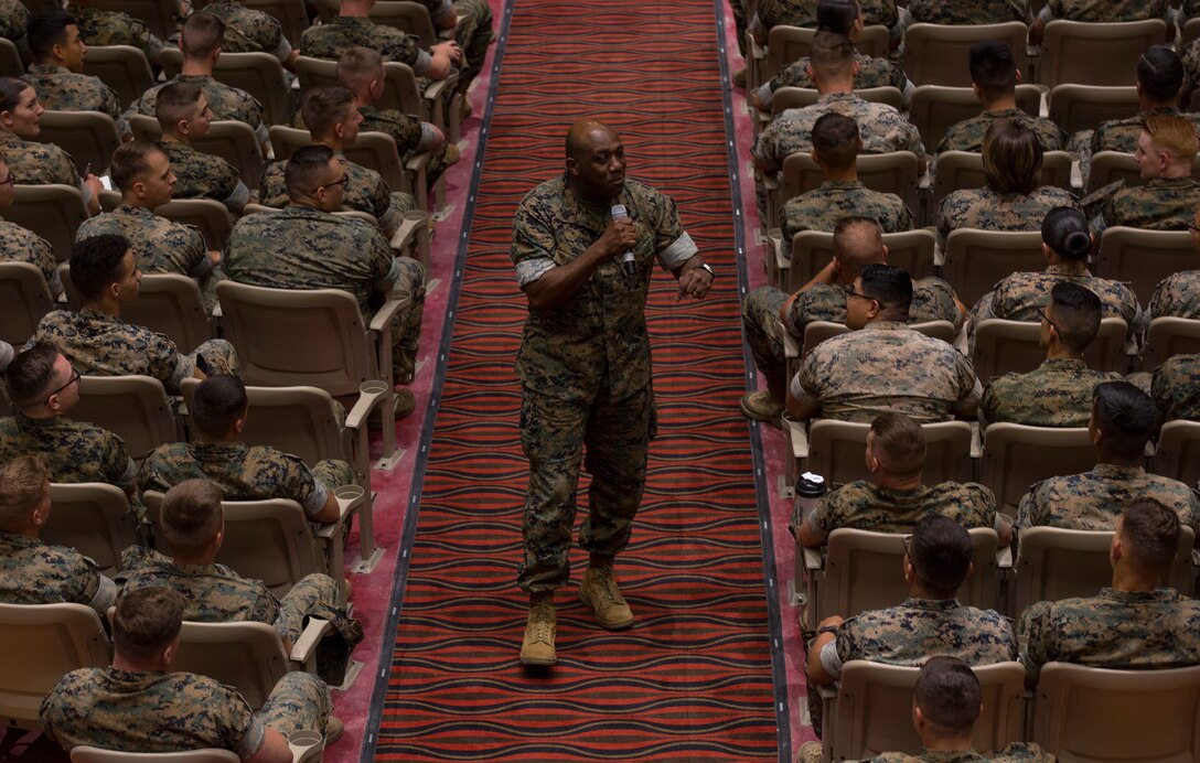 Sgt. Maj. of the Marine Corps Ronald L. Green addresses Marines at the Pendleton Theater and Training Center aboard Marine Corps Base Camp Pendleton, Calif., May 8, 2019.